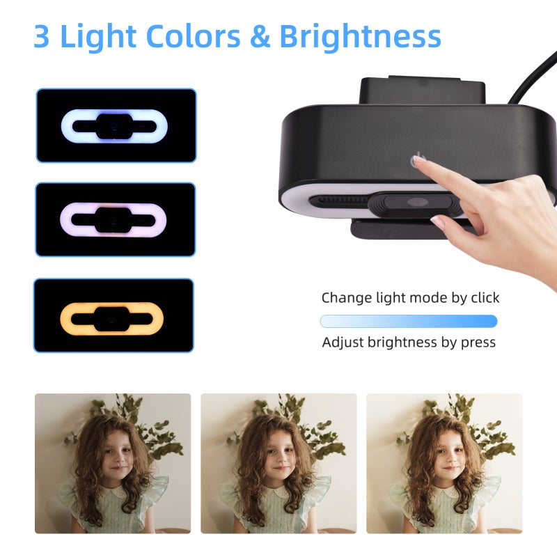 Streaming Webcam: Black Usb Camera With Built-In Noise-Reduction Microphone - Dimmable 3-Color Light Pc Camera For Live Streaming Video Chat And Computer Video Calls - Image 4