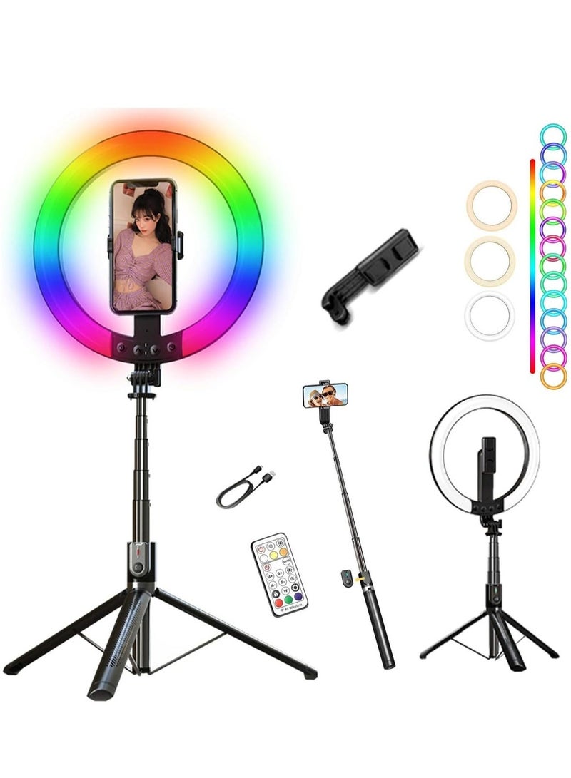 TYCOM Selfie Stick 10" Rgb Ring Light With 180 Cm Long Stand and 2 Phone Holders,tiktok Ring Light 12 Rgb Color Modes for Youtube Video Vlog Live Stream Makeup With Remote Control - Image 1