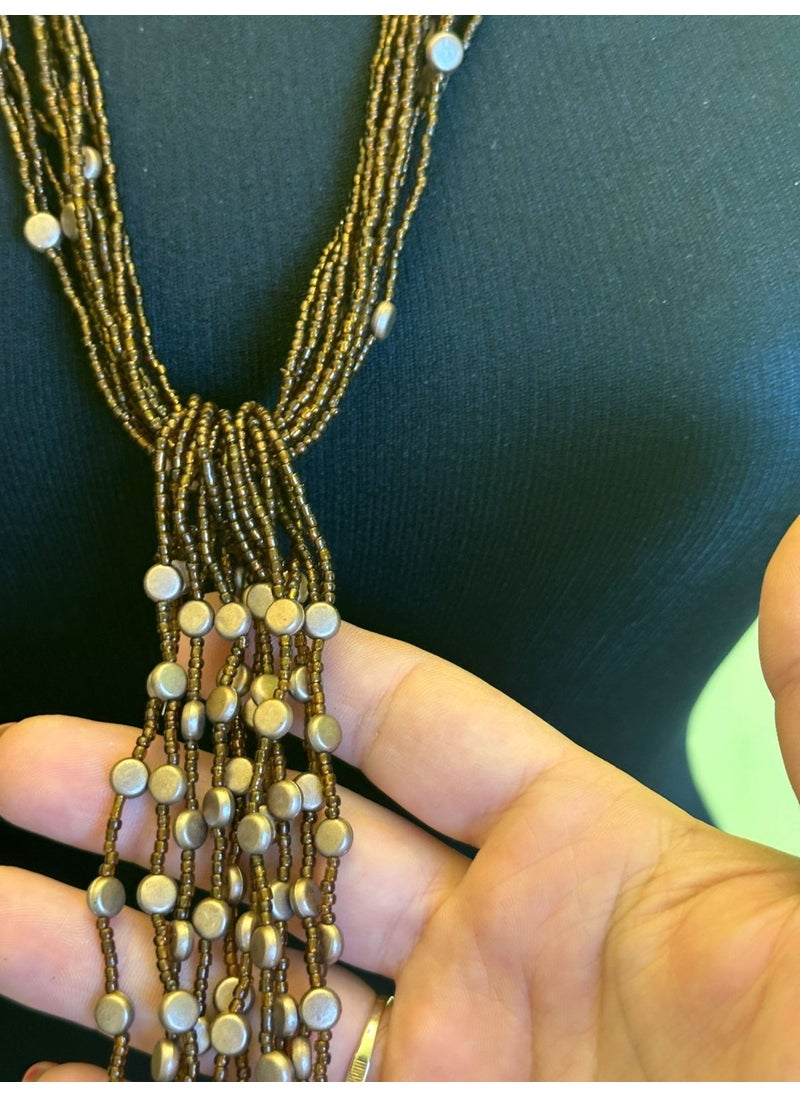 Gönülden Tasarım Heart Design Brown Sand Beaded Design Tassel Women's Necklace  - Image 1