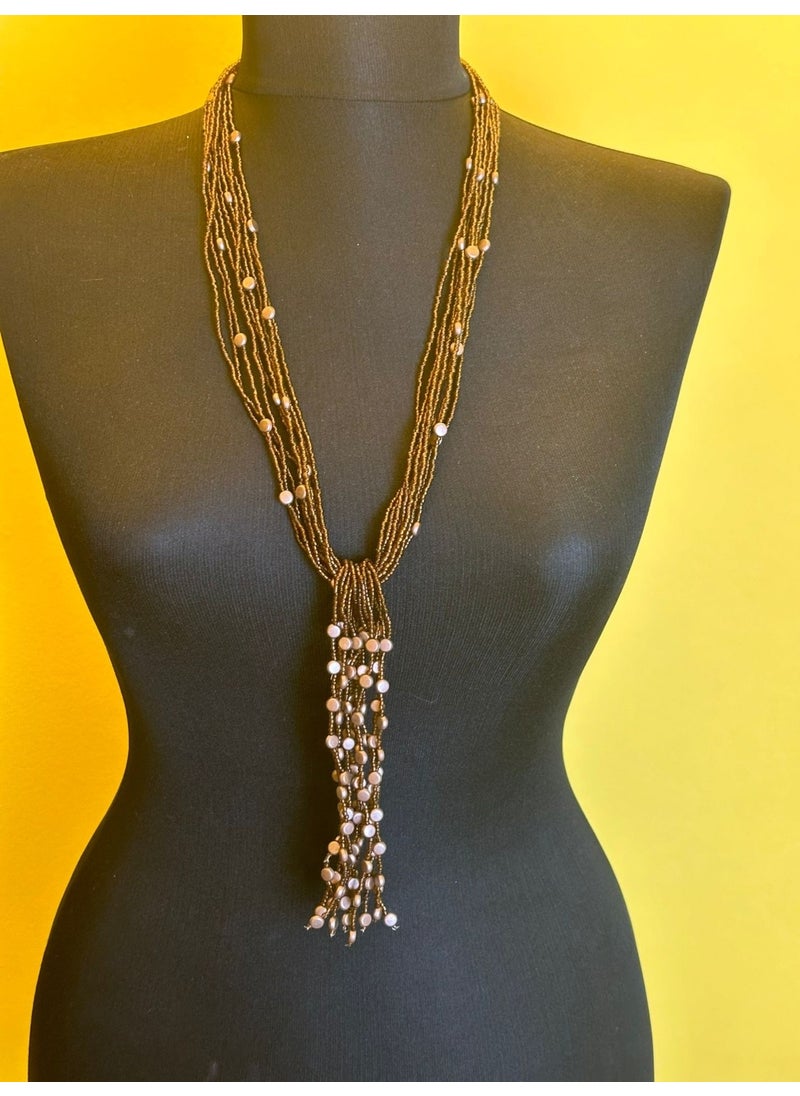 Gönülden Tasarım Heart Design Brown Sand Beaded Design Tassel Women's Necklace  - Image 2