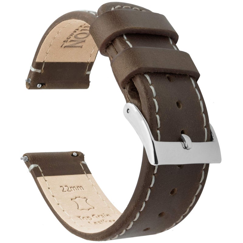Barton Watch Bands أشرطة ساعة بارتون جلد طبيعي سريع الإطلاق، جلد سادل/خياطة بيضاء من الكتان، 22 مم - Image 1