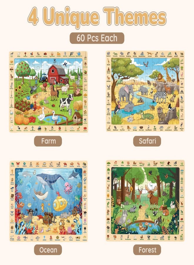 Joyreal Wooden Puzzles for Kids Ages 4-6, 4 x 60 Piece Search and Find Puzzles for Toddlers 3-5, Educational Animal Learning Toys, Birthday Gifts for 3 4 5 6 Year Old Boys Girls - Image 2