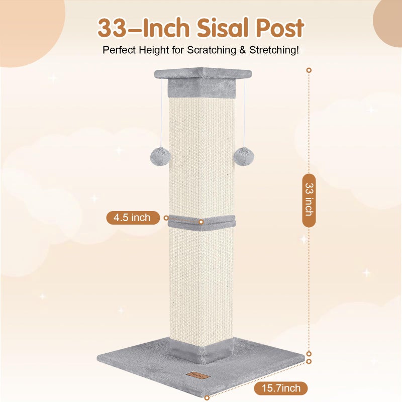 Fopetfy Cat Scratching Post 33 inch for Indoor Cats, High Cat Scratch Post Grey, Cat Tree for Full-Body Stretching, Protect Your Furniture - Image 2