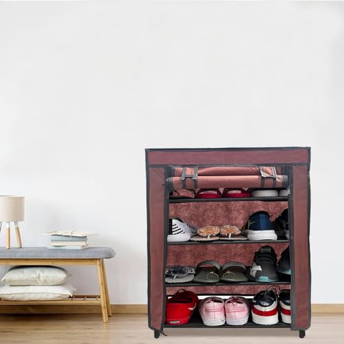 SANAMSTORE Metal 4 Tier Rack Shoe/Clothes/Books Stand Rack With Cover For Home (Need To Be Assemble-Diy) -Brown, 30 X 55 X 75 CM - Image 3