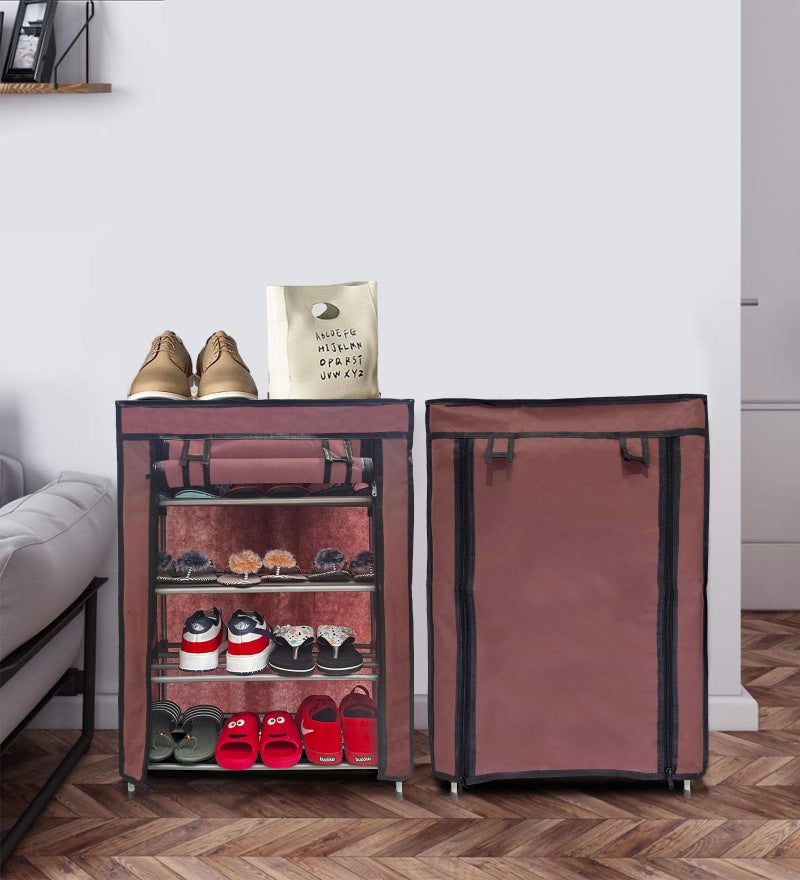 SANAMSTORE Metal 4 Tier Rack Shoe/Clothes/Books Stand Rack With Cover For Home (Need To Be Assemble-Diy) -Brown, 30 X 55 X 75 CM - Image 2