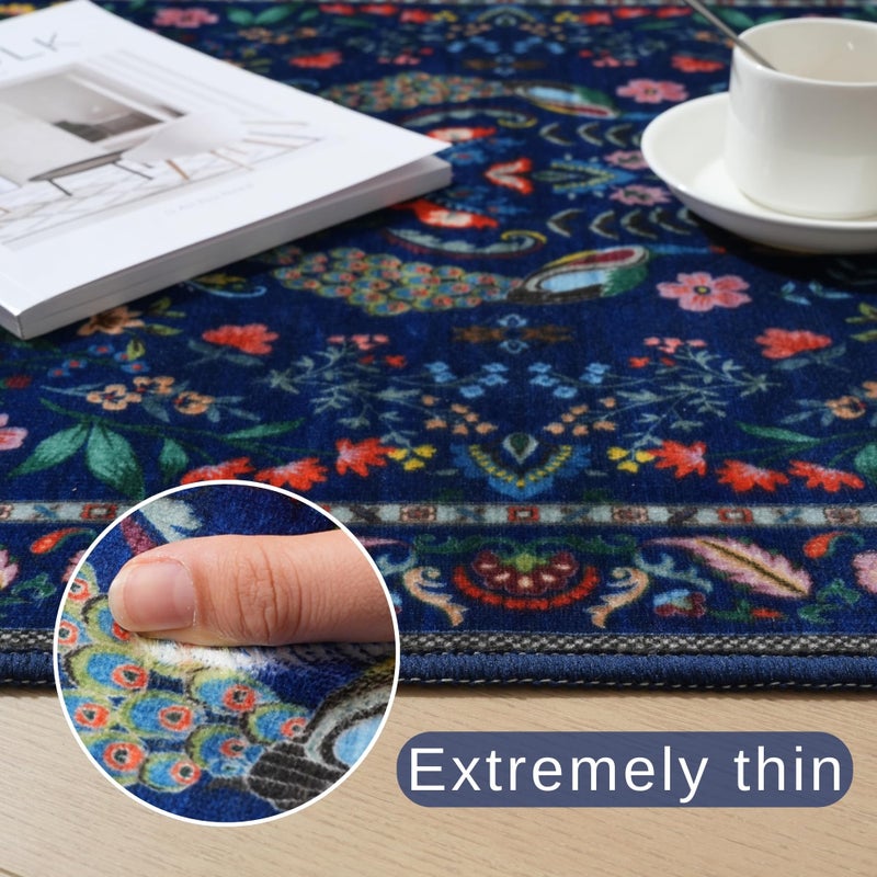 Rugcomf Area Rug 4x6 Rug Washable Rugs Floral Non Slip Low Pile Small Carpet for Bedroom, Bedside, Kids Room, Office, Dining Room(Blue) - Image 2