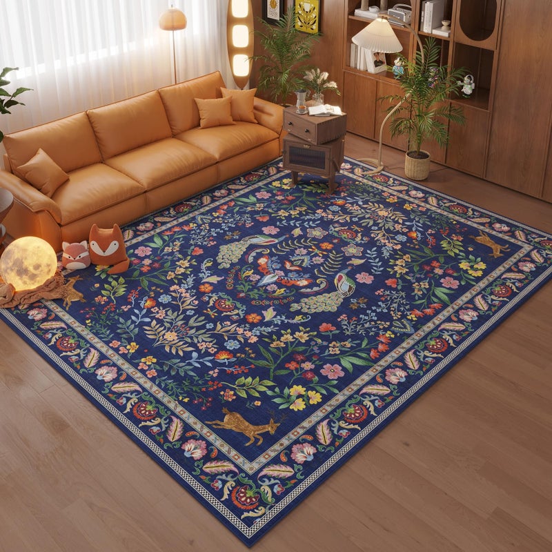 Rugcomf Area Rug 4x6 Rug Washable Rugs Floral Non Slip Low Pile Small Carpet for Bedroom, Bedside, Kids Room, Office, Dining Room(Blue) - Image 5