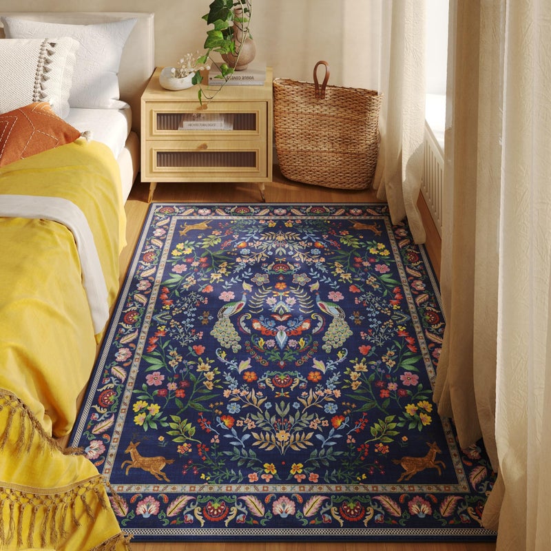 Rugcomf Area Rug 4x6 Rug Washable Rugs Floral Non Slip Low Pile Small Carpet for Bedroom, Bedside, Kids Room, Office, Dining Room(Blue) - Image 4
