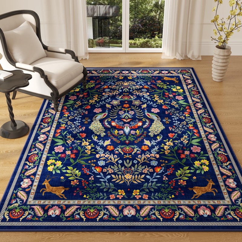 Rugcomf Area Rug 4x6 Rug Washable Rugs Floral Non Slip Low Pile Small Carpet for Bedroom, Bedside, Kids Room, Office, Dining Room(Blue) - Image 1