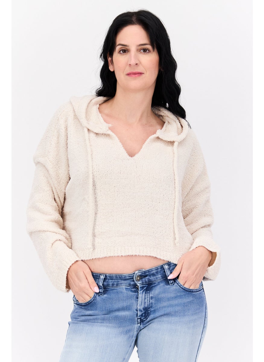 NIA - Women Hooded Long Sleeves Sweater, Beige - Image 1