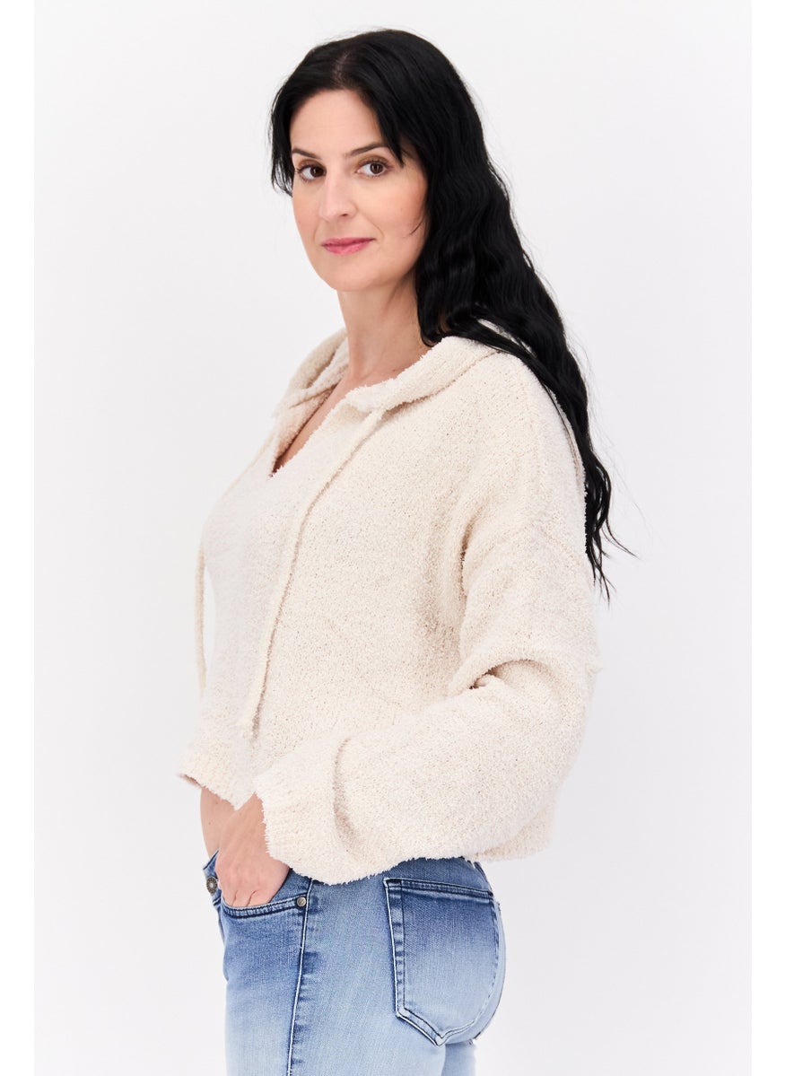 NIA - Women Hooded Long Sleeves Sweater, Beige - Image 1