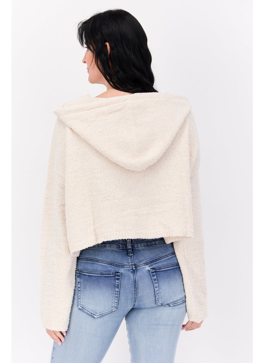 NIA - Women Hooded Long Sleeves Sweater, Beige - Image 1