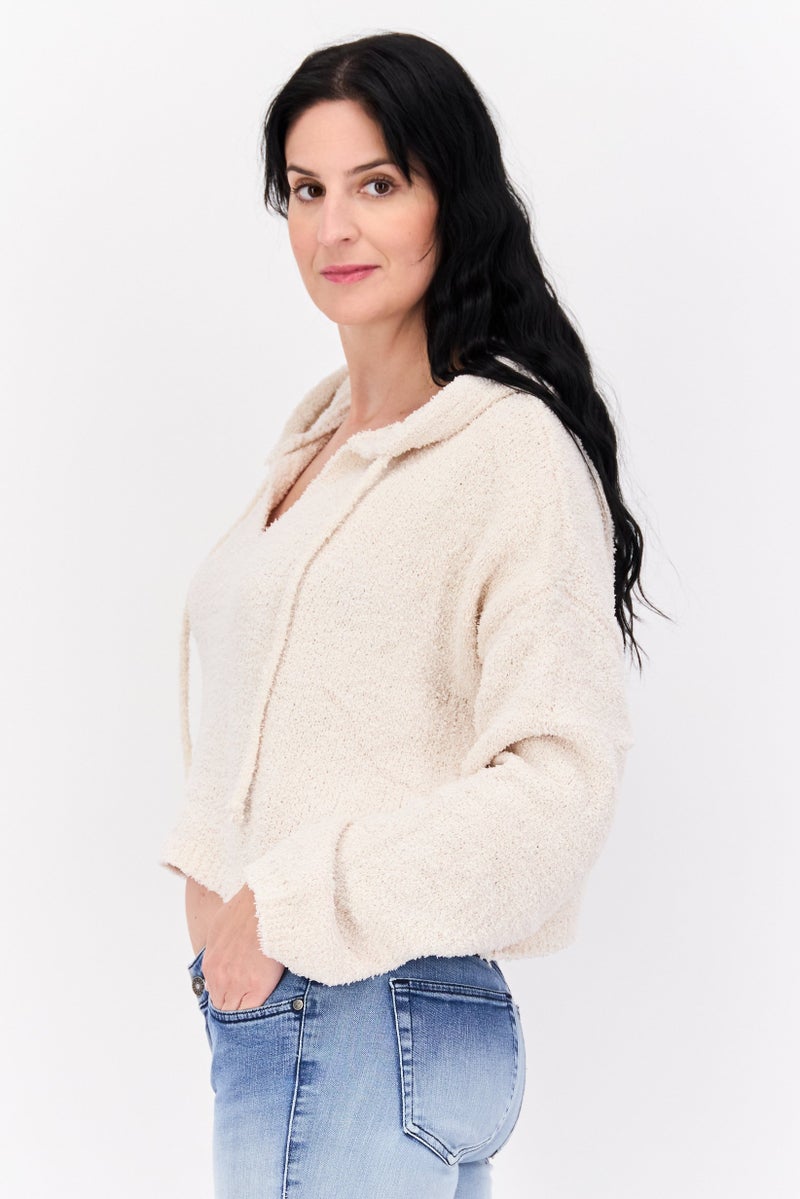 NIA Women Hooded Long Sleeves Sweater, Beige - Image 2