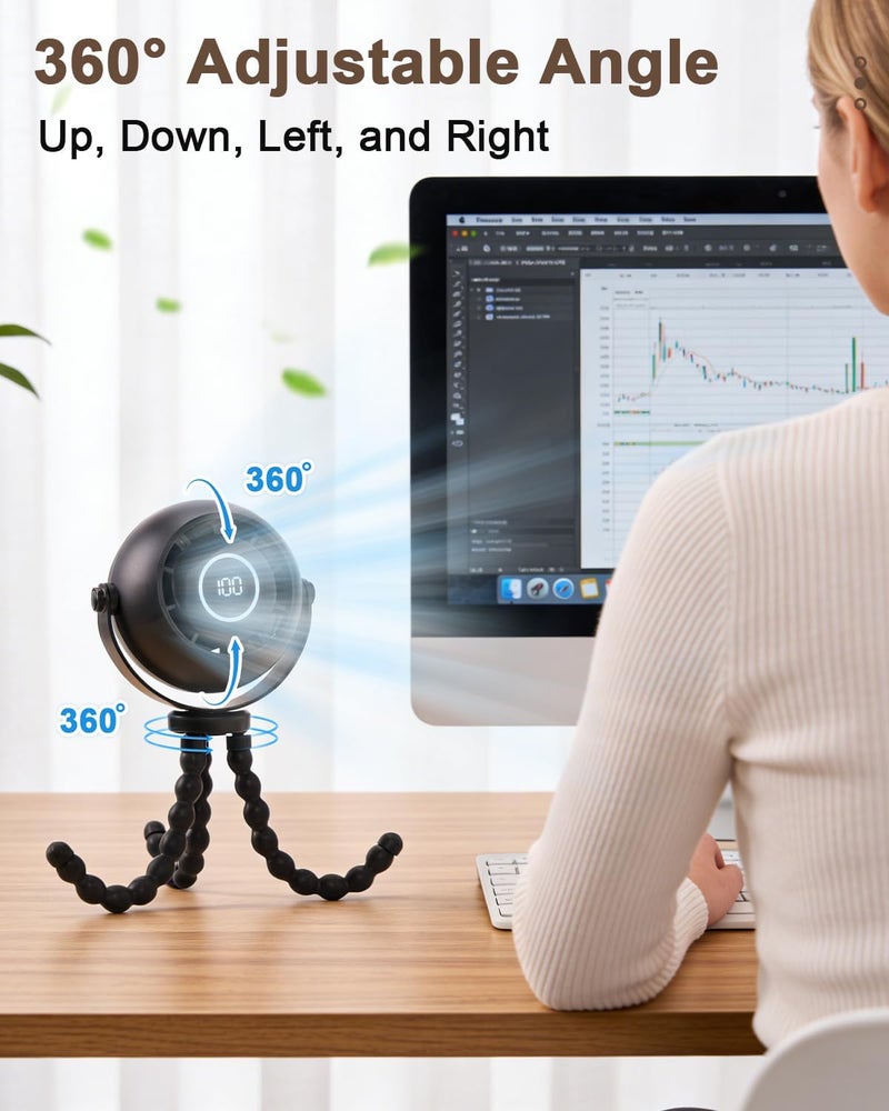 FIALAME Portable Stroller Fan Rechargeable,4000mAh Mini Clip On Fan with Flexible Tripod,3 Speeds, LED Display,360° Rotate,Small Portable Fan for Stroller,Car Seat,Travel,Treadmill,Stroller Accessories - Image 3