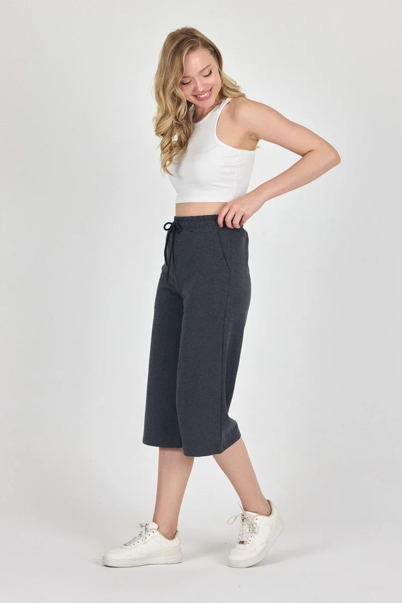 mmetalic High Waist Pocketed Relaxed Cut Seasonal Women's Below Knee 3-Pack Bermuda Black-Navy-Anthracite Capri Shorts