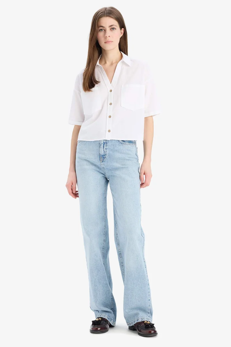 DeFacto Boxy Fit Shirt Collar Linen Blended Short Sleeve Shirt