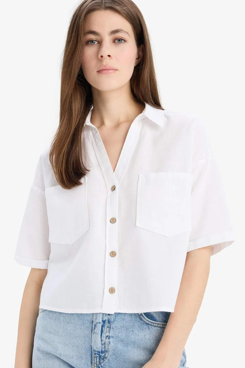DeFacto Boxy Fit Shirt Collar Linen Blended Short Sleeve Shirt