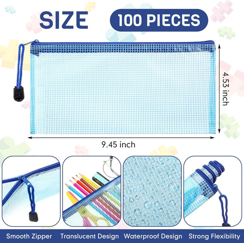 Handepo 100 Pack Mesh Zipper Pouch Pencil Pouches Bulk Clear Storage Bag Small Waterproof Purse Bag Multipurpose for Cash Board Game Passport Office(A6/9.45x4.53in,Blue) - Image 2