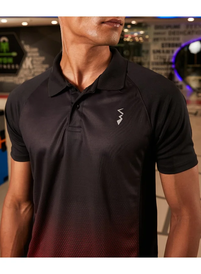 Campus Sutra CS Life Men's Jet Black & Crimson Red Ombre Polo Activewear T-Shirt For Casual Wear | Spread Collar | Short Sleeve | Anti-Odor | Dri-Fit | Jersey T-Shirt Crafted With Comfort Fit & High-Performance
