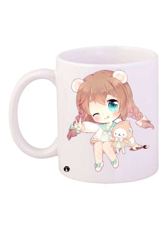 RYN Cartoon Girl Printed Coffee Mug White/Beige/Blue 11ounce