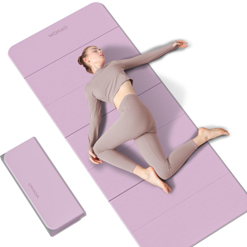 wohao حصيرة يوغا قابلة للطي WOHAO 70"x24" - حصيرة تمارين غير قابلة للانزلاق مصنوعة من TPE سميك للاستخدام في المنزل، الصالة الرياضية والسفر، خفيفة الوزن وسهلة الحمل، تدعم البيلاتس، اليوغا الساخنة وتمارين الأرض (بنفسجي تارو + رمادي دافئ) - Image 1