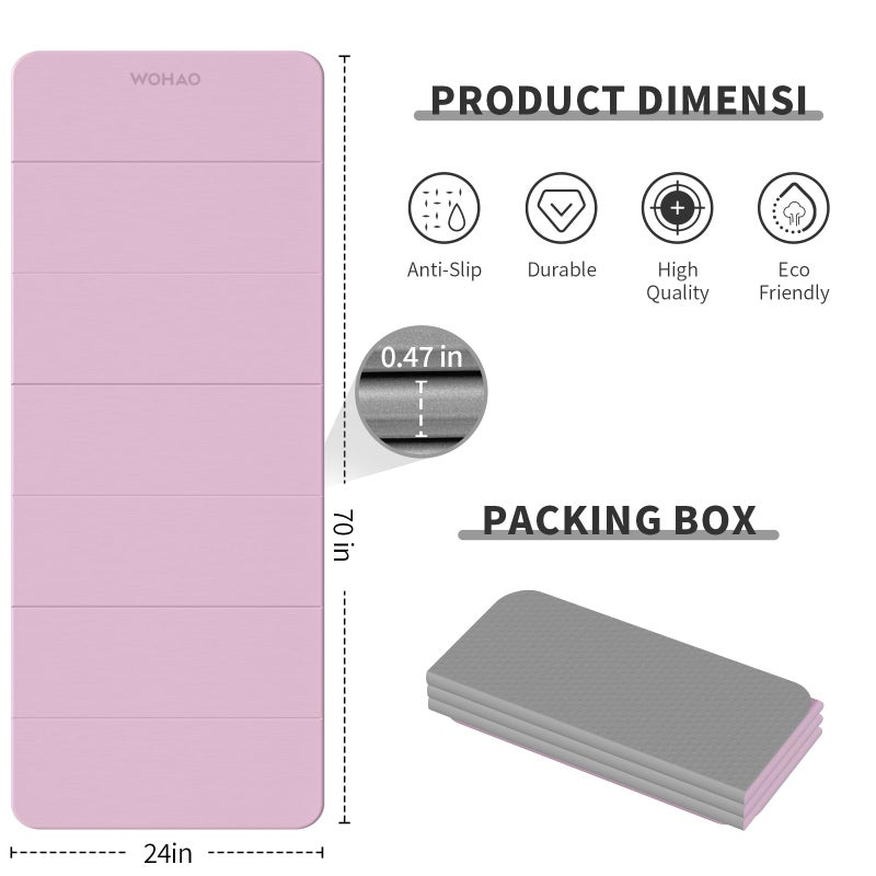 wohao حصيرة يوغا قابلة للطي WOHAO 70"x24" - حصيرة تمارين غير قابلة للانزلاق مصنوعة من TPE سميك للاستخدام في المنزل، الصالة الرياضية والسفر، خفيفة الوزن وسهلة الحمل، تدعم البيلاتس، اليوغا الساخنة وتمارين الأرض (بنفسجي تارو + رمادي دافئ) - Image 3
