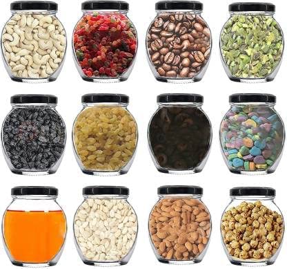 BRUSHFINCH Matka Jar 400 Ml Glass Jar with Air Tight Black Lid for Kitchen Dry Masala Storage JarHoney JarJar and ContainerSpice Masala JarPot Glass MatkaVisible Glass Jar Pack of 12 - Image 1