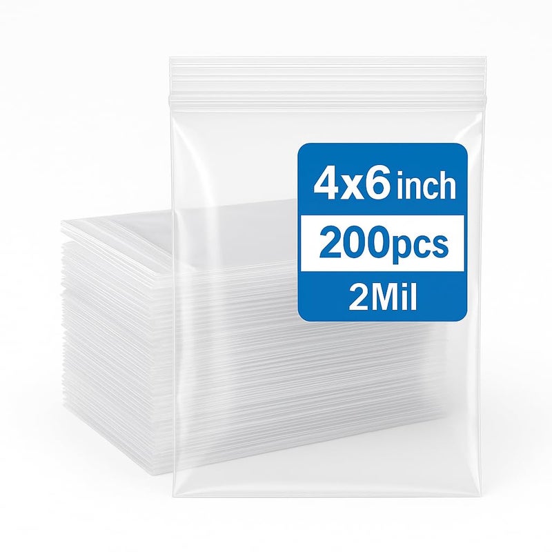 Bonison 4x6 Inch Clear Reclosable Bags 200 Pack, 2 Mil Small Zip Bags for Jewelry, Pills, Crafts, Small Business Packaging, Resealable Plastic Baggies for Beads, Screws, Samples & Daily Storage - Image 1