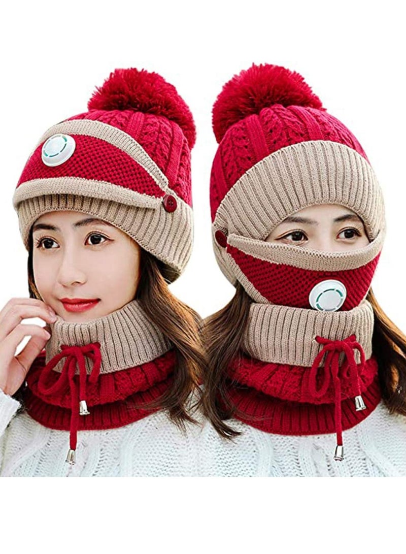 Winter Knitted Beanie Hat and Neck Warmer Set for Women and Girls with Fleece Lining and Pompom - Image 1
