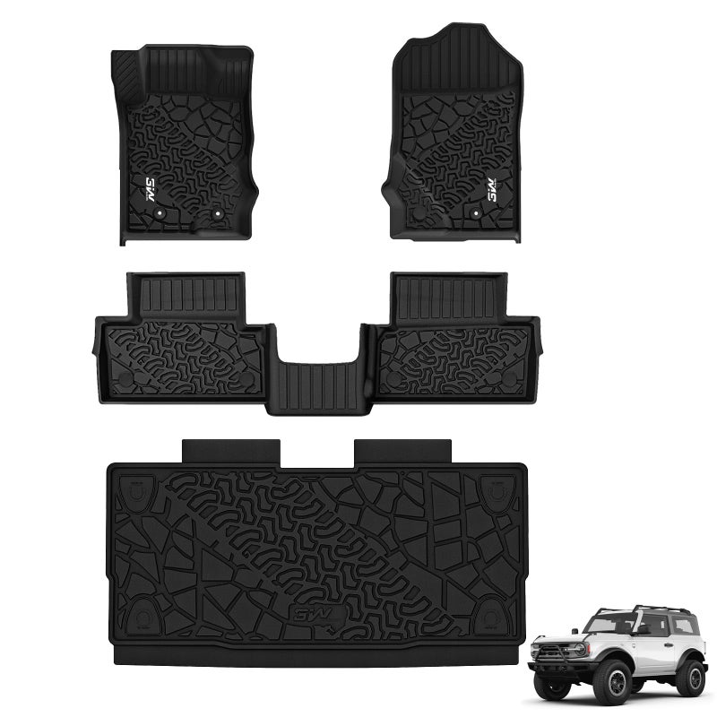3W Floor Mats Cargo Liner Fit for 2021 2022 2023 2024 2025 Ford Bronco 2 Door All Weather TPE Car Accessories Custom Fit Floor Liner and Full Set Car Mats Not for Bronco Sport Rubberized Floor
