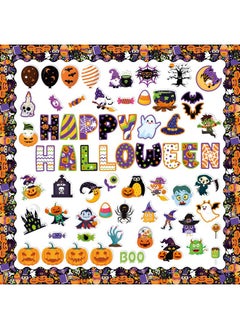 HOWAF 81 Pcs Halloween Bulletin Board Decorations, Happy Halloween Trick Or Treat Paper Cutouts Bulletin Board Stickers With Glue For Classroom School Party Supplies Pumpkin Spooky Witch Cutouts  - Image 1