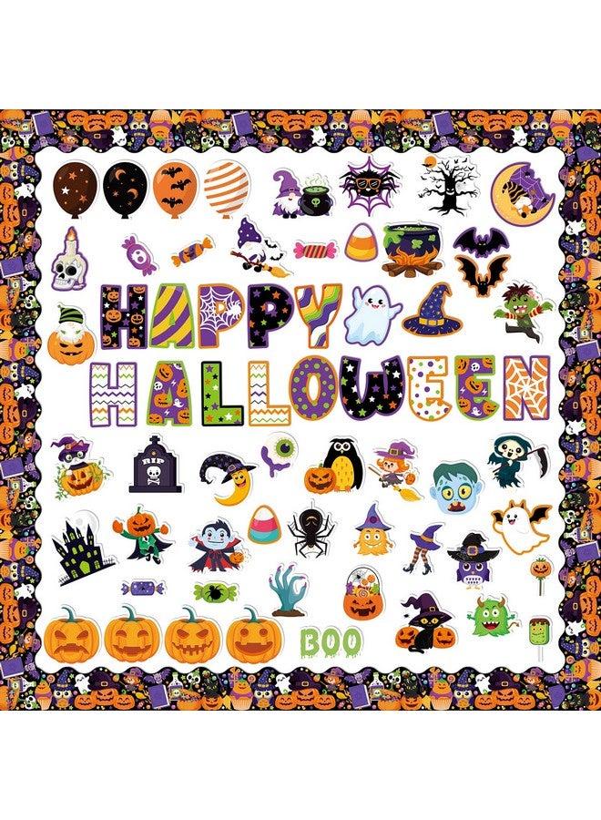 HOWAF 81 Pcs Halloween Bulletin Board Decorations, Happy Halloween Trick Or Treat Paper Cutouts Bulletin Board Stickers With Glue For Classroom School Party Supplies Pumpkin Spooky Witch Cutouts - Image 1