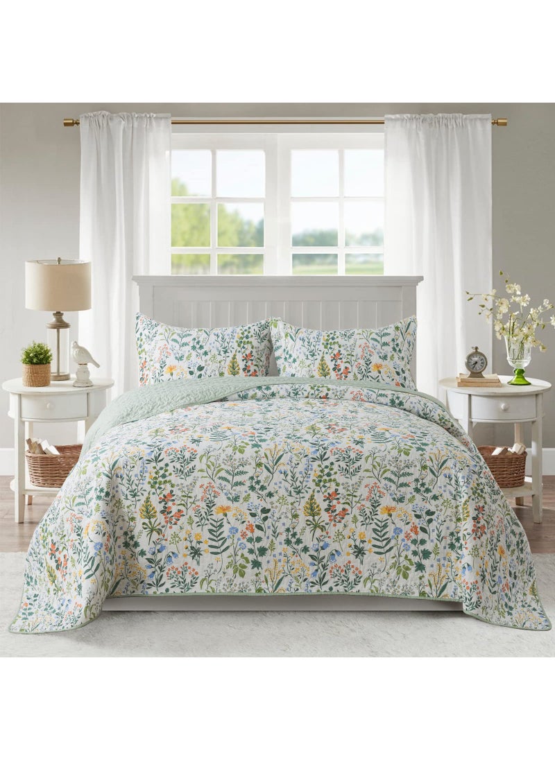 NEWLAKE NEWLAKE Cotton Bedspread Quilt SetsReversible Patchwork Coverlet Set Green Classic Floral Pattern King Size 