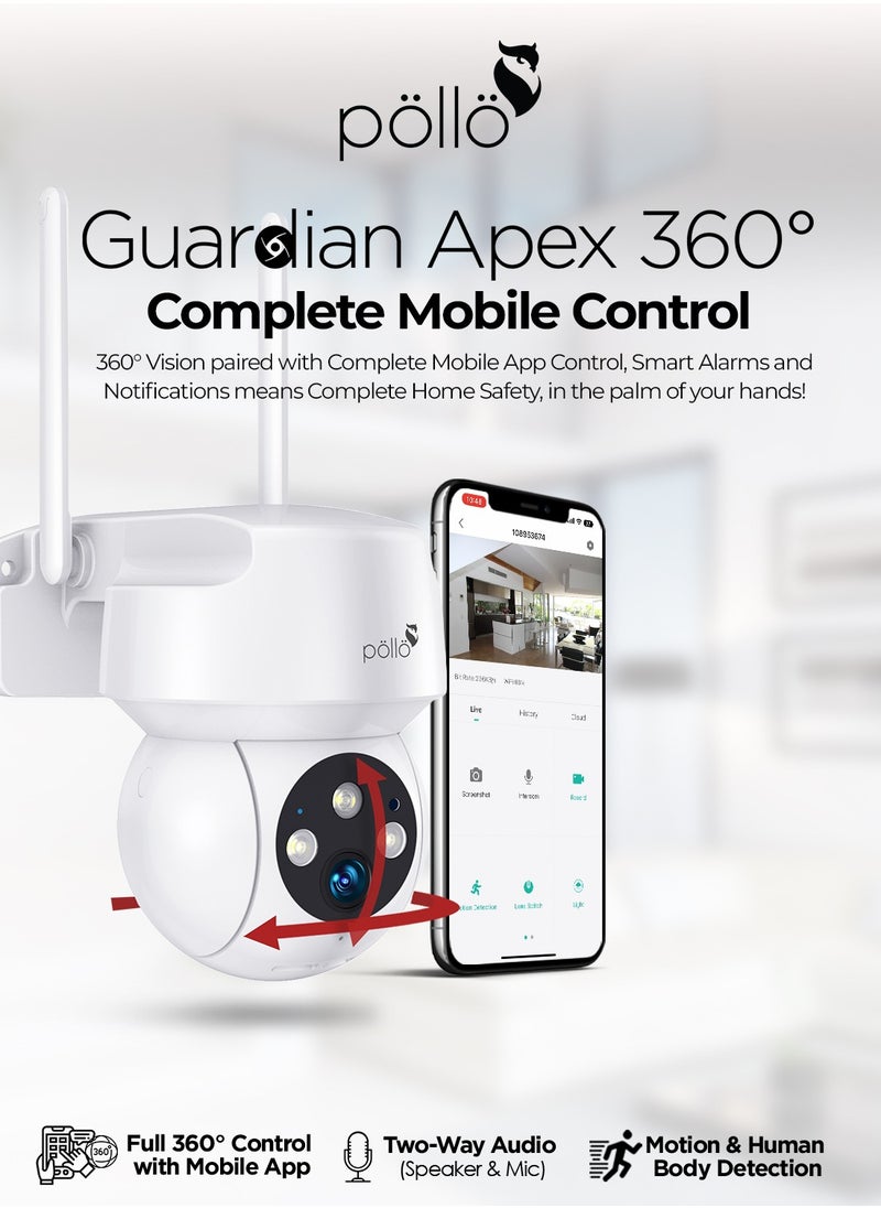 Pollo - 3MP 2K Guardian Apex 360 degree Rotation Indoor Outdoor WiFi Smart PTZ Security Camera, Two-Way Audio, Colour Night Vision, Micro SD Card Supported upto 128GB - Image 1
