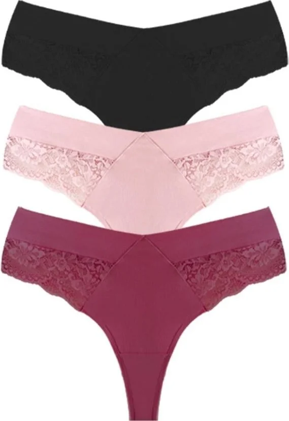 كوتن هيل Lace and Elastic Detailed Plus Size Women's Thong Panties 3-Pack-2
