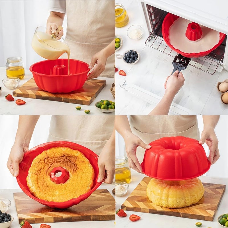 ASBAYSON 10 inch Silicone Bundt Cake Pan, Non-Stick Silicone Fluted Pans, ome Baking DIY Cake Mold for Cake, Jelly, Bread, Chocolate, Para Gelatinas (Red) (Red, 1 Pack) - Image 3