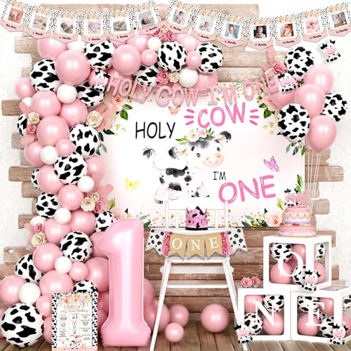 Fiesec Holy Cow Im One Birthday Decorations 1st Birthday Decorations Girl Cow First Birthday Party Supplies Girl Cow Print One Year Old Birthday Decorations First Birthday Girl Decorations - Image 1