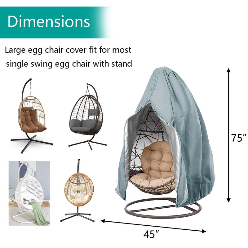 FLYMEI ?Upgraded?Patio Egg Chair Covers With Zipper  Wicker Egg Swing Chair Covers  Waterproof Heavy Duty Weather Resisatnt Outdoor Chair Cover  Windproof Hanging Chair Cover  75"" X 45""  Grey  1 Pack - Image 2
