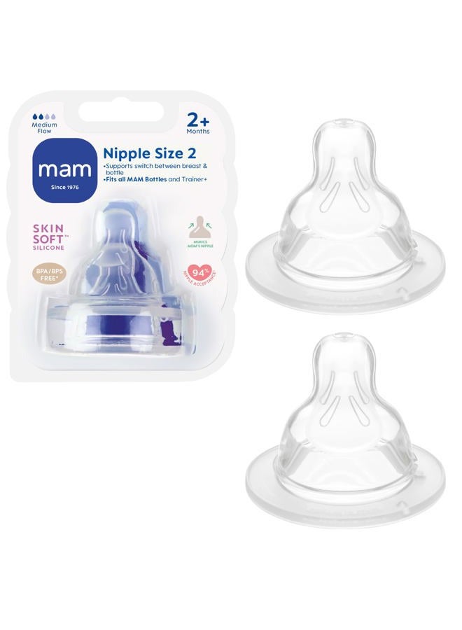 MAM زجاجة تدفق متوسط المستوى 2 (مجموعة من 2)، للأطفال من عمر 2 شهور فما فوق، سيليكون ناعم للببرونات، تناسب جميع زجاجات مAM - Image 1