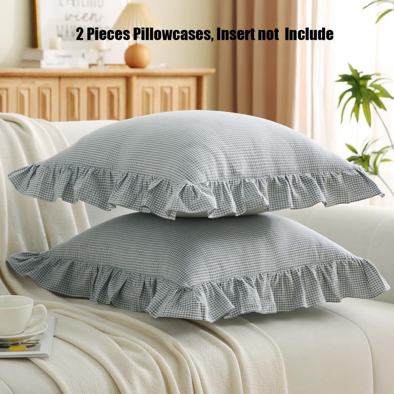 Silnuo Blue/White Plaid Ruffle Throw Pillow Covers Vintage Checkered Gingham 20"x20" Farmhouse Washed Cotton Pillow Shams for Couch,Sofa,Bed and Living Room - Image 3