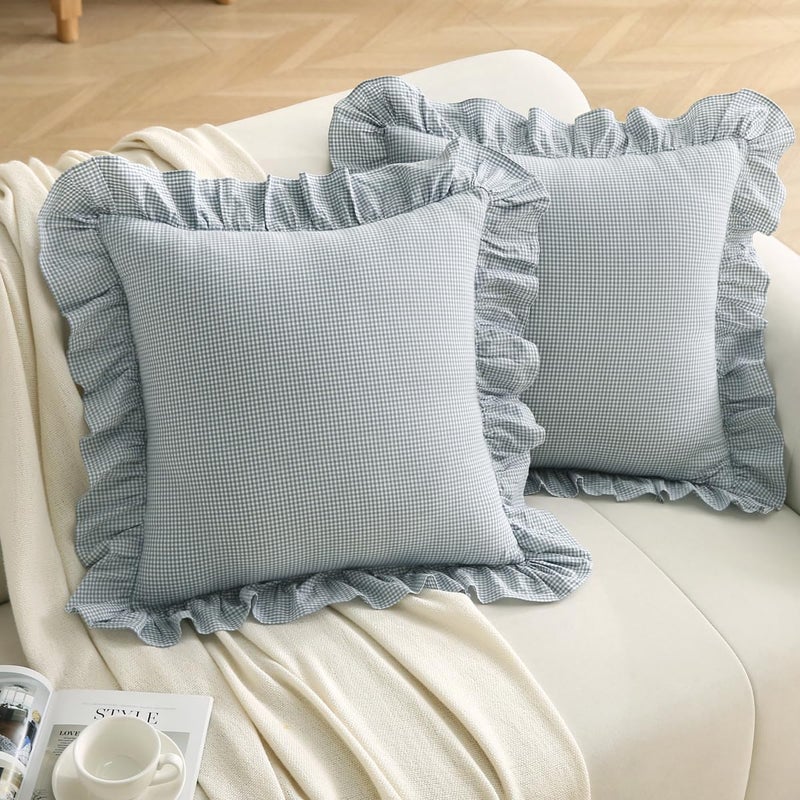 Silnuo Blue/White Plaid Ruffle Throw Pillow Covers Vintage Checkered Gingham 20"x20" Farmhouse Washed Cotton Pillow Shams for Couch,Sofa,Bed and Living Room - Image 1