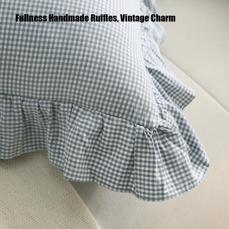 Silnuo Blue/White Plaid Ruffle Throw Pillow Covers Vintage Checkered Gingham 20"x20" Farmhouse Washed Cotton Pillow Shams for Couch,Sofa,Bed and Living Room - Image 4