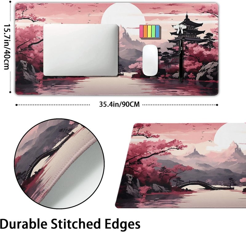 aportt Pink Japanese Sakura Gaming Mouse Pad XXL Cherry Blossom Tower Mountain Landscape Big Extended Large Desk Mat Non-Slip Rubber Base Stitched Edge Long Mousepad for Computer Gamer, 35.4 x 15.7 in - Image 2