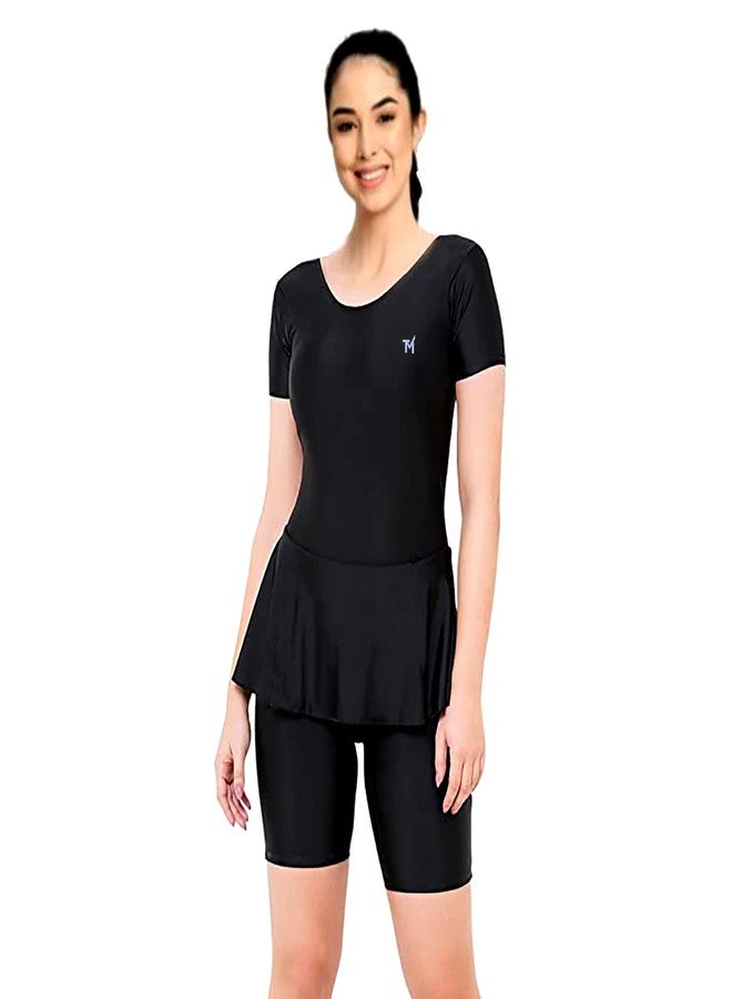 Trender One-Piece Non Paded Freely Women's Swimming Costume in Frock Style, Black Color [Half Sleeves - Half Length Style] - Image 1