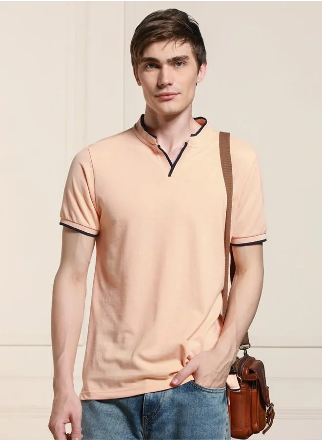 دينيس لينغو Regular Fit Peach Cotton-Poly T-Shirt Polo Neck