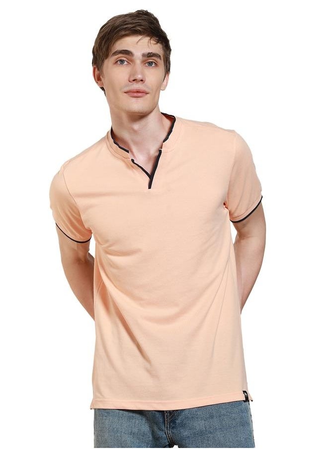 Dennis Lingo Regular Fit Peach Cotton-Poly T-Shirt Polo Neck  - Image 3