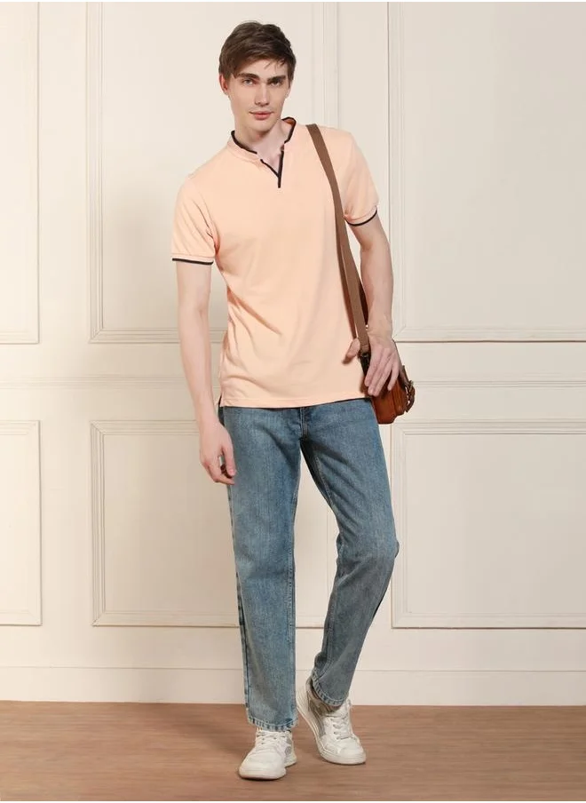 دينيس لينغو Regular Fit Peach Cotton-Poly T-Shirt Polo Neck