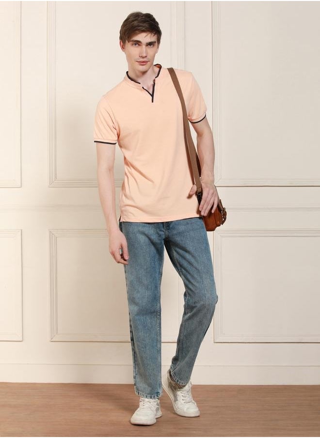 Dennis Lingo Regular Fit Peach Cotton-Poly T-Shirt Polo Neck  - Image 2