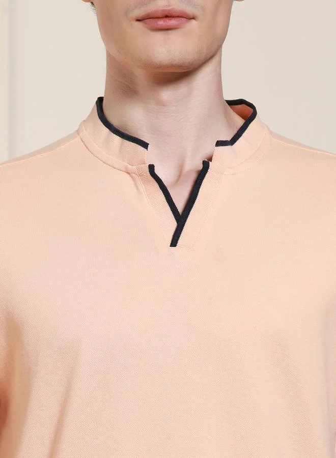 Dennis Lingo Regular Fit Peach Cotton-Poly T-Shirt Polo Neck