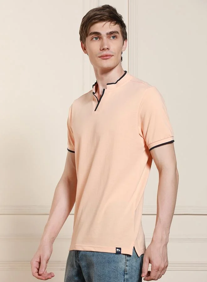 Dennis Lingo Regular Fit Peach Cotton-Poly T-Shirt Polo Neck